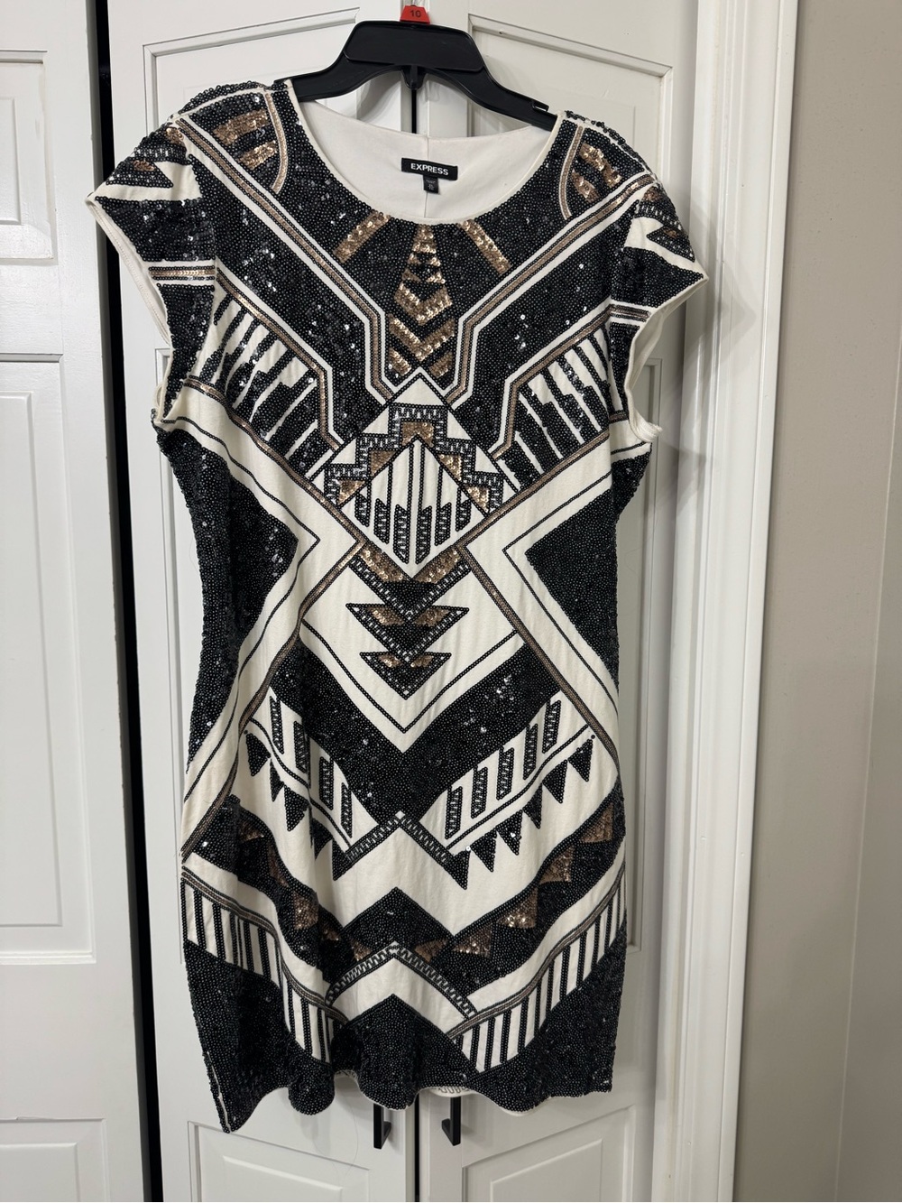 Express Black, White & Gold Sequin Geometric Mini Dress